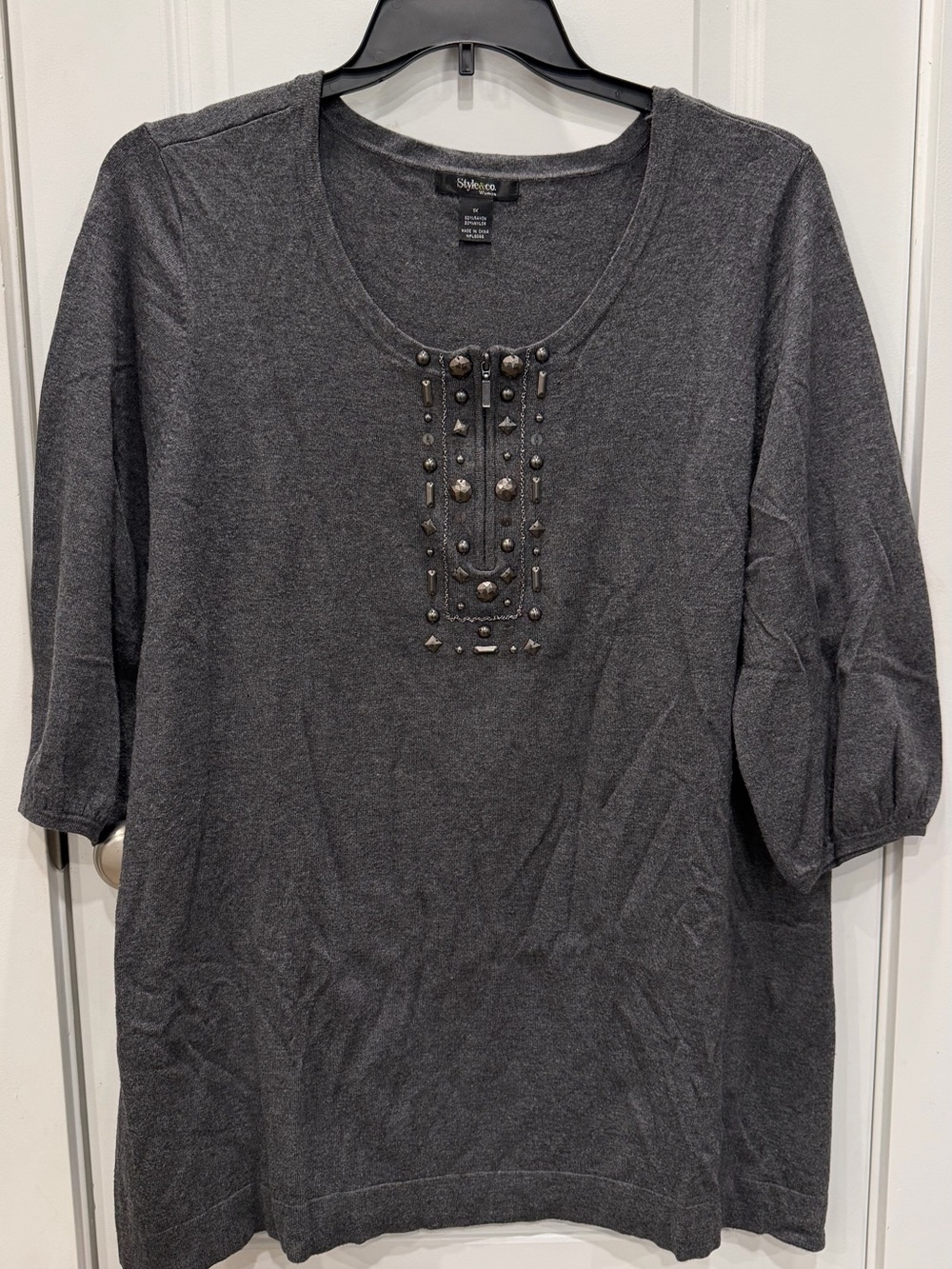 Style & Co. Dark Gray Beaded Scoop Neck Pullover